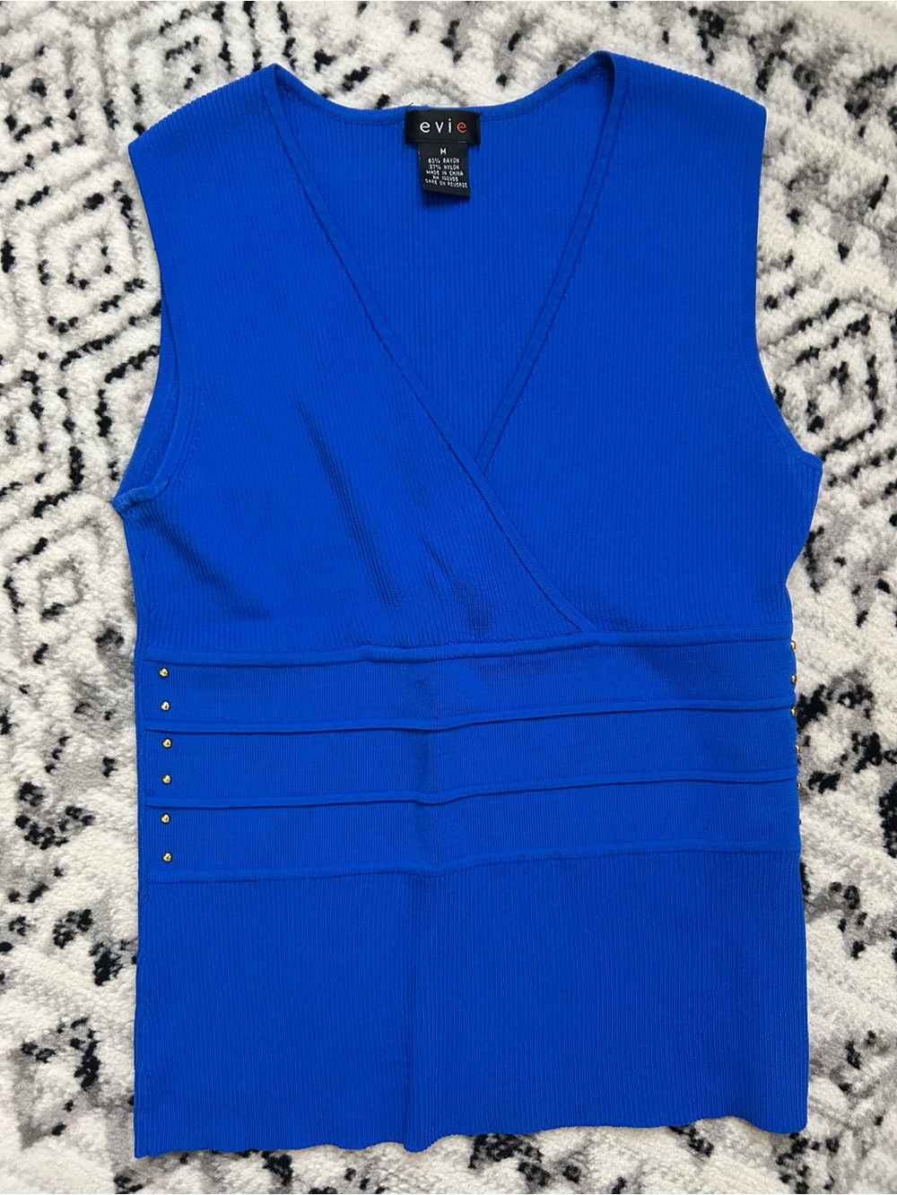 EVIE Royal Blue Sleeveless V-Neck Ribbed Top with Gold Studs